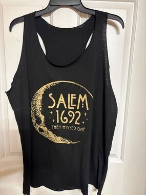 Black Graphic Tank Top with Gold 'Salem 1692' Moon Print